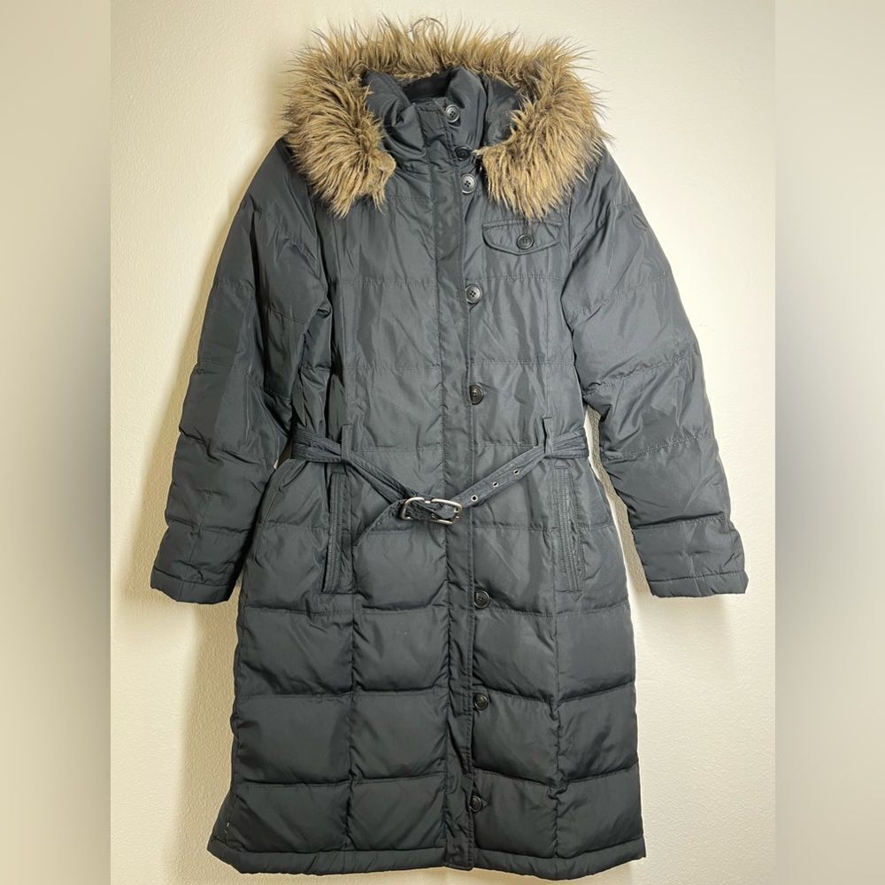 Aigle Cuckmerry 3/4 Coat Down Filled Hood Black Fur Padded Belt size 38 EU/ 8 US